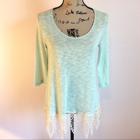 New Miss Duet  Mint Sweater Top with Lace Trim - Picture 1 of 6